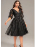 Elbow Sleeves Black Starry Tulle Cinched Waist Party Dress